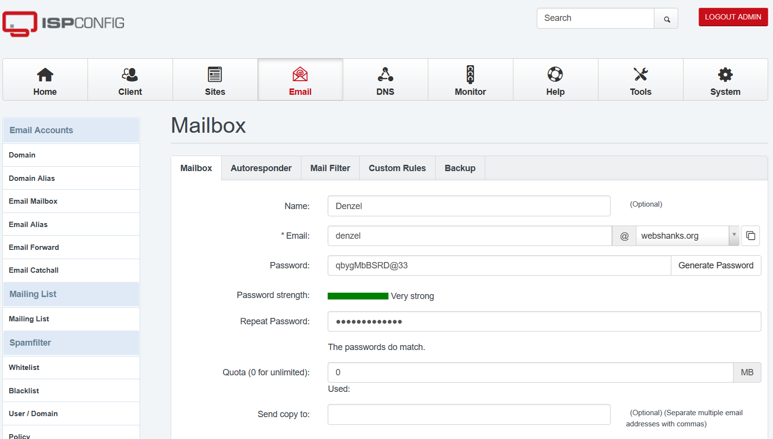 ISPConfig Add Mailbox