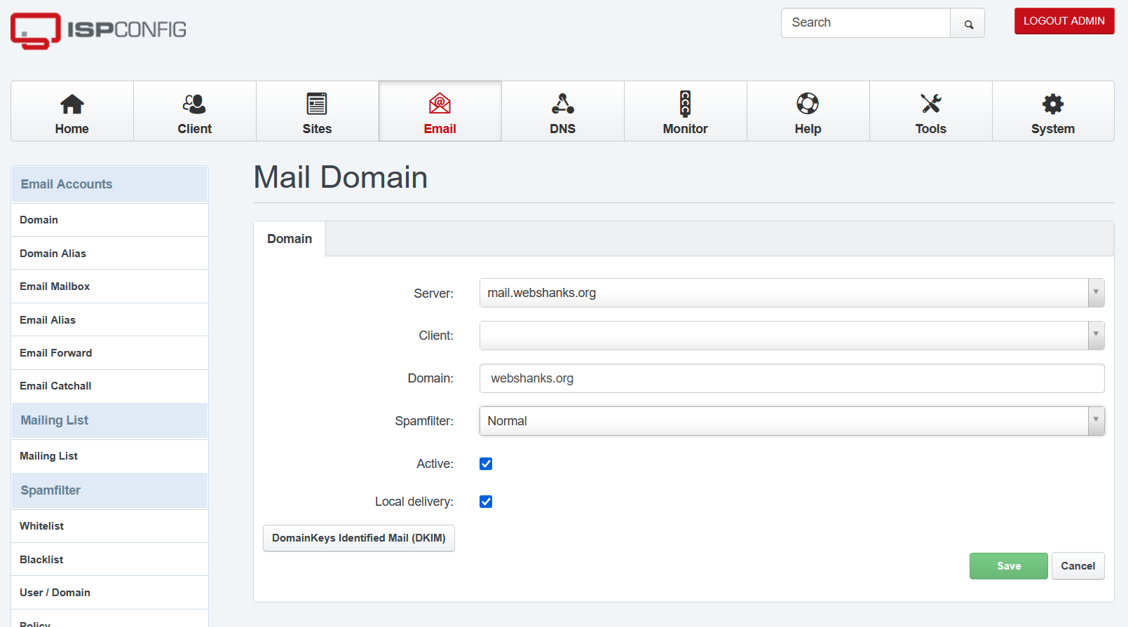 ISPConfig Create Email Domain