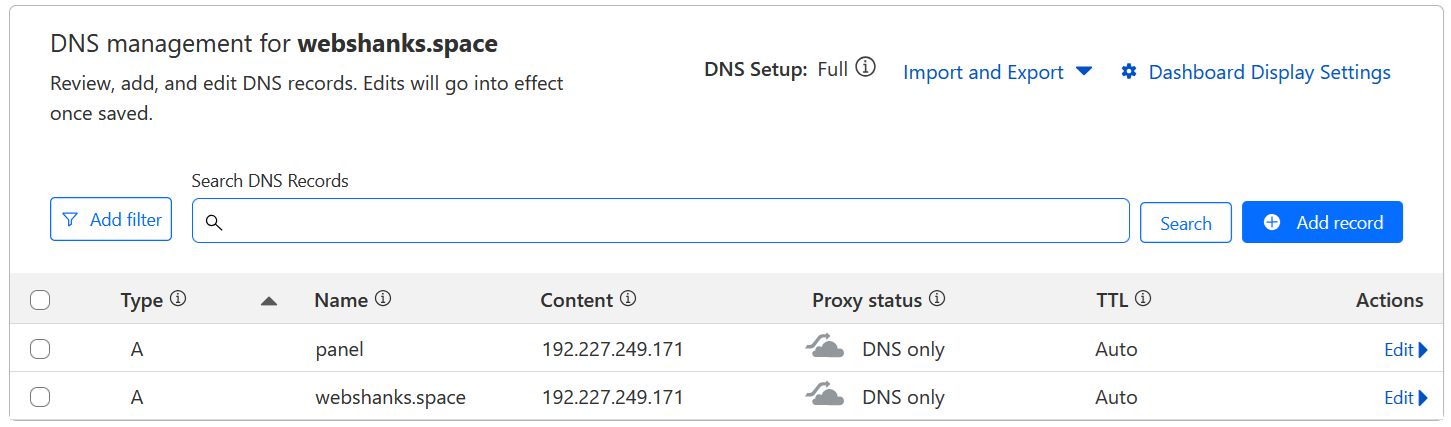 1Panel DNS Settings for Panel