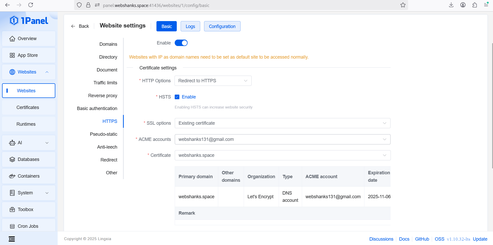 Enable HTTPS for WP Site 1Panel
