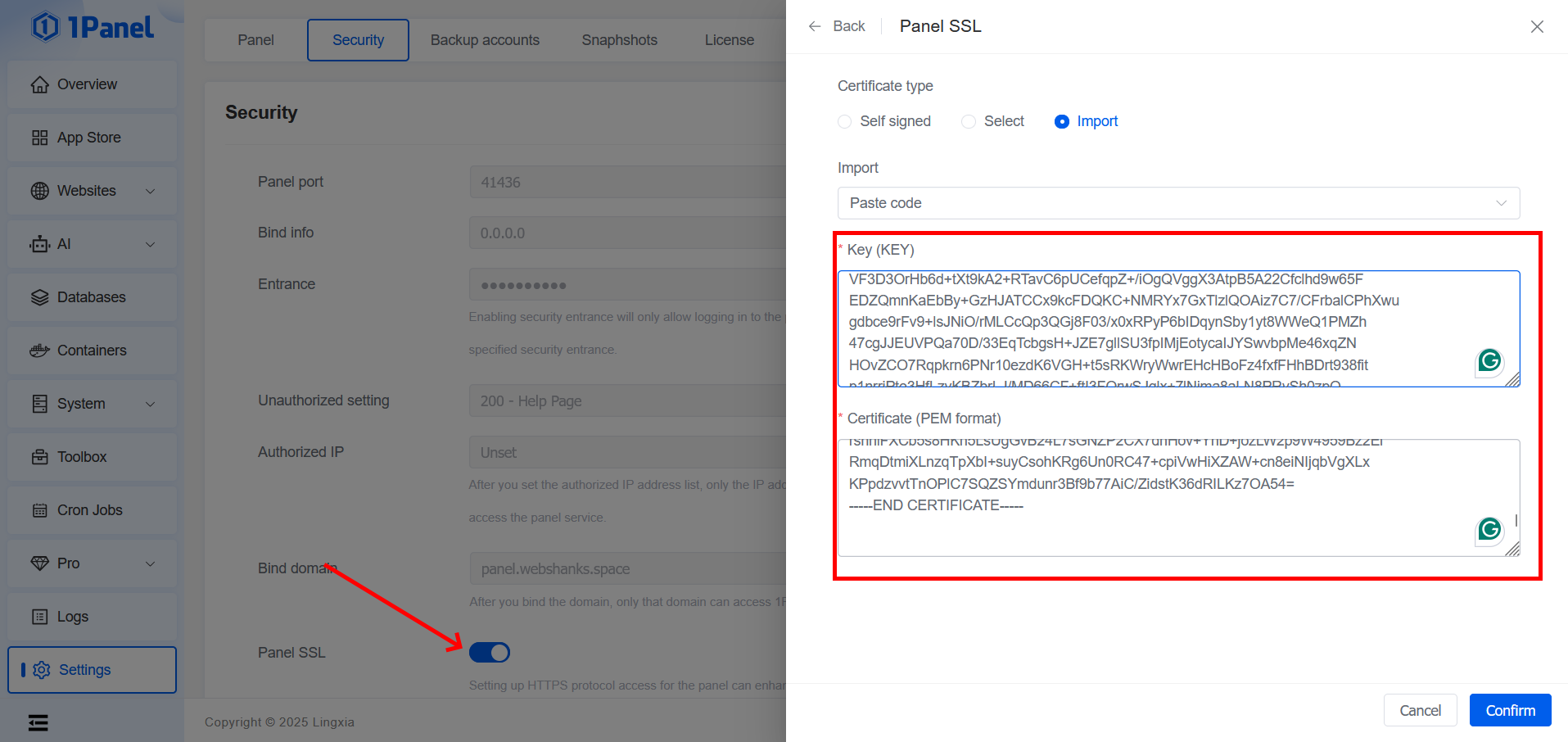Import SSL to 1Panel