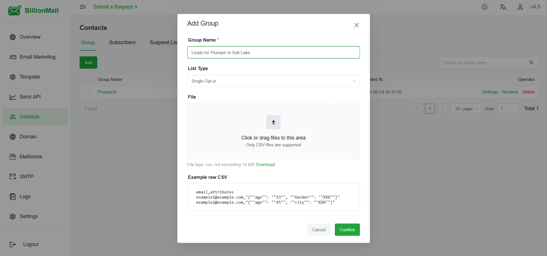 BillionMail Add Contacts