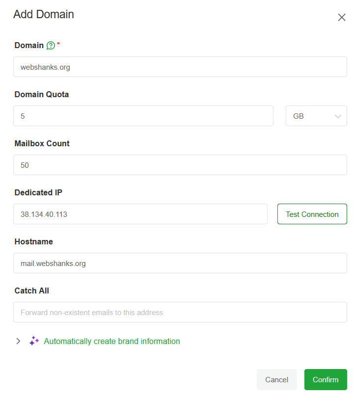 BillionMail Add Domain Fields