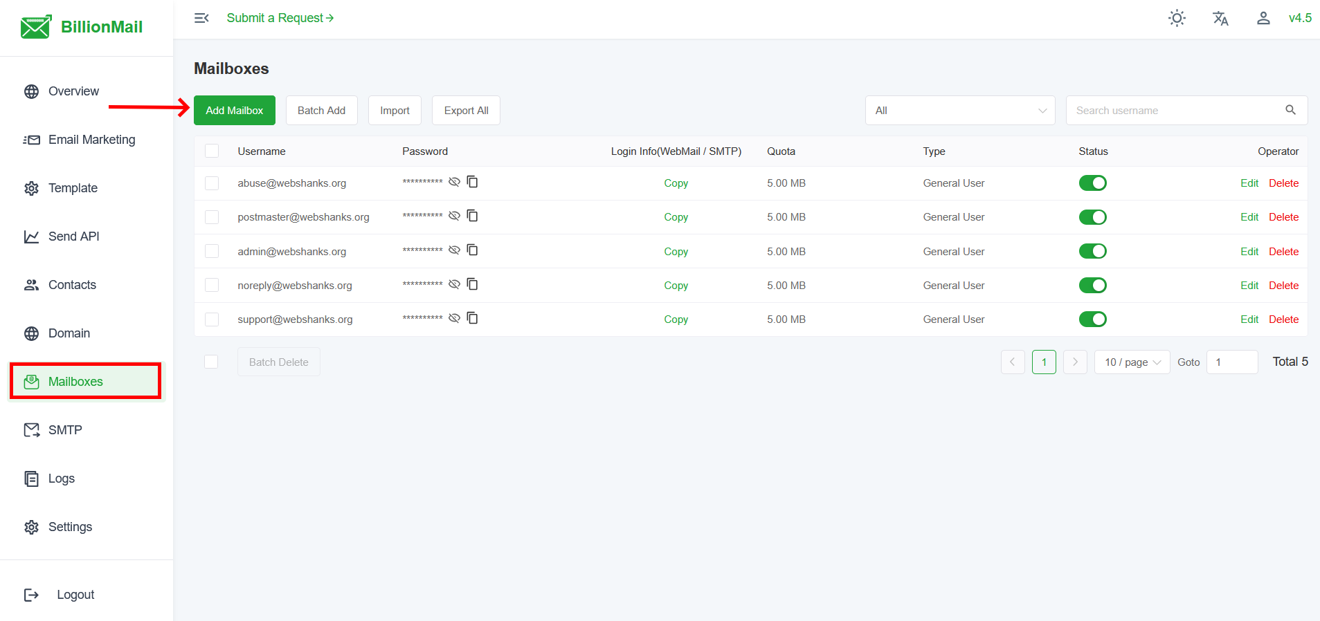 BillionMail Add Mailbox