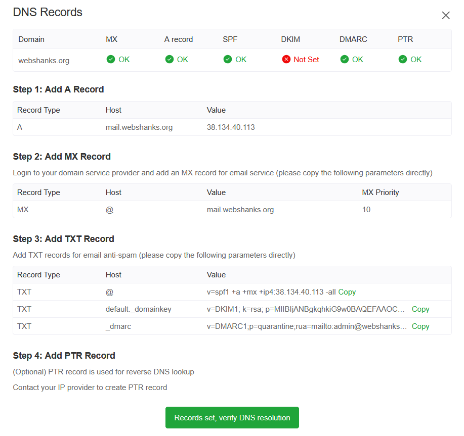 BillionMail DNS Records DKIM
