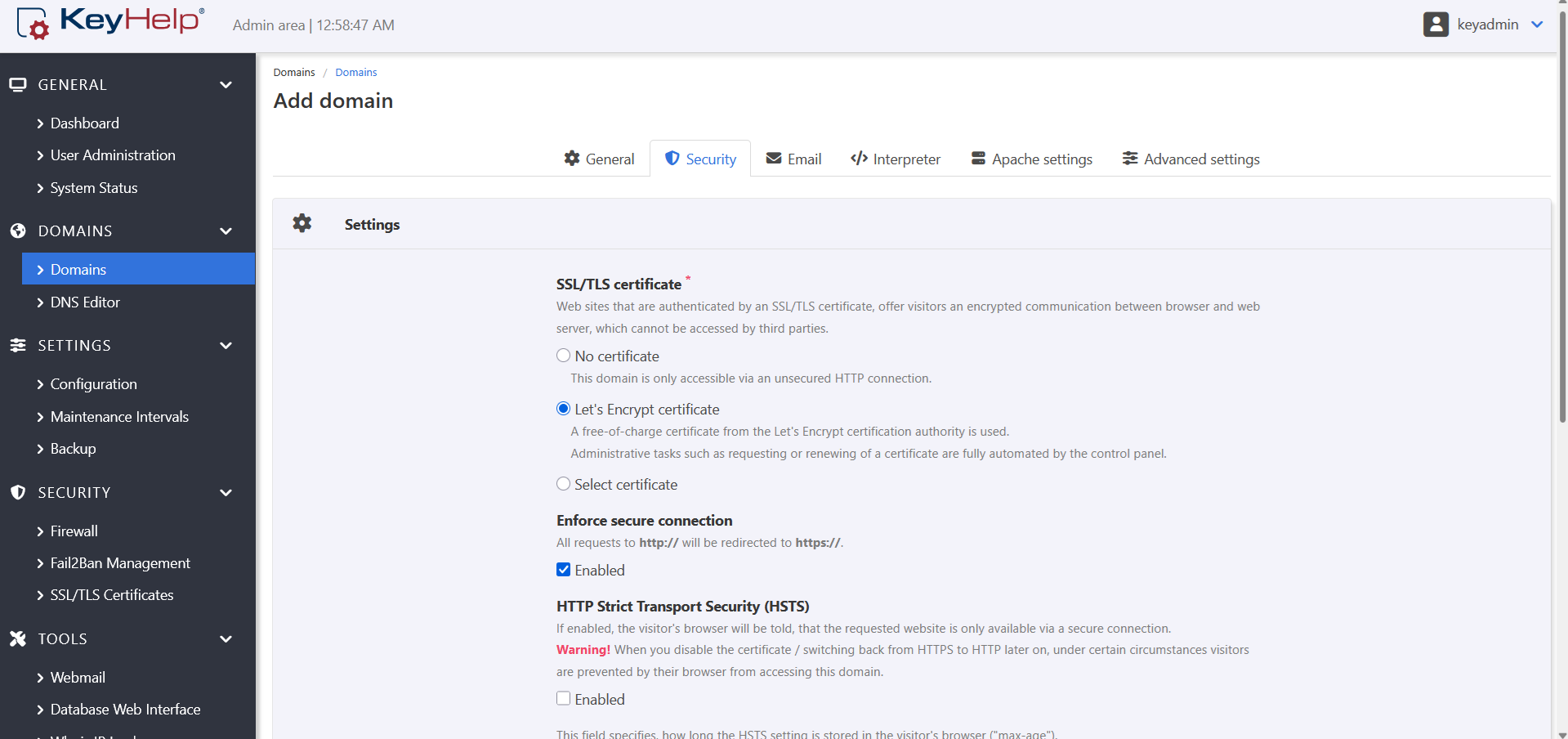 KeyHelp Add SSL