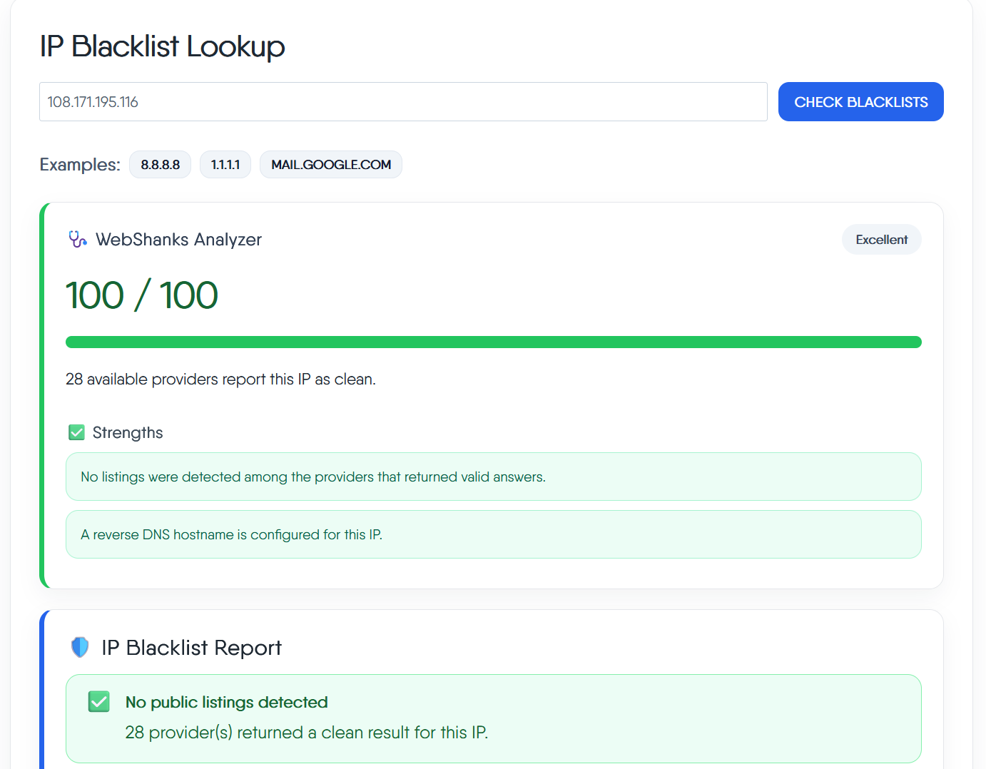 WebShanks IP Blacklist Checker Tool