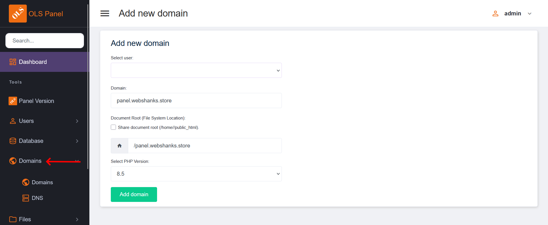 OLS Panel Add Domain