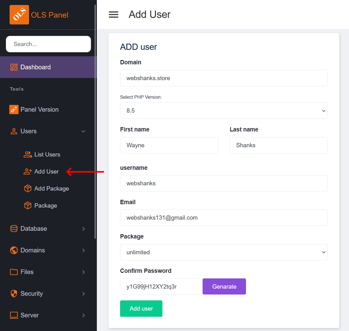 OLS Panel Add User